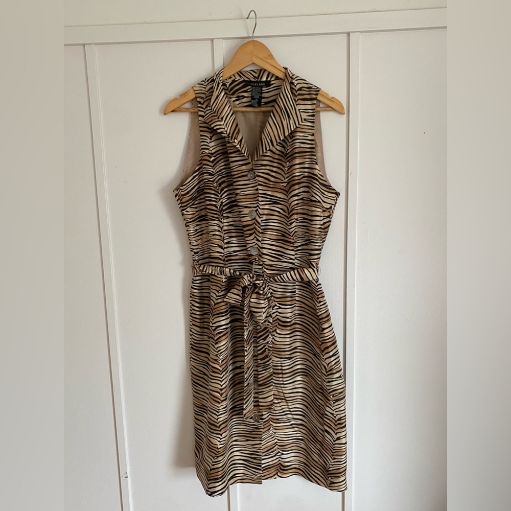 Animal print silk button down dress with waist sash